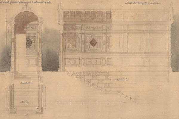 Budapest, M1 metró, elbontott lejárócsarnokok tervei, bélyegkép