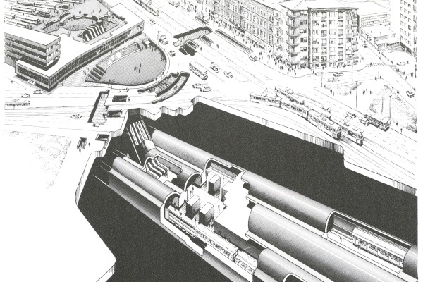 Budapest, M2 metró, Déli pályaudvar, perspektív kép, Sípőczy Lajos, bélyegkép