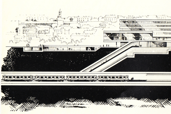 Budapest, M2 metró, Déli pályaudvar, perspektív kép, Sípőczy Lajos, bélyegkép