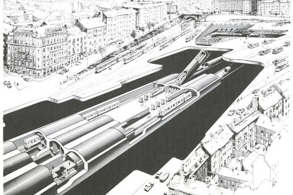 Budapest, M2 metró, Széll Kálmán tér, perspektív kép, Sípőczy Lajos, bélyegkép