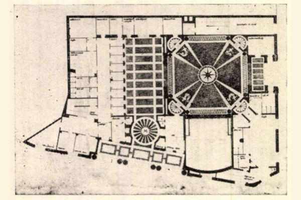 Budapest, M2 metró, Deák Ferenc tér, Magyar Építőművészet, felszíni csarnok alaprajza, bélyegkép