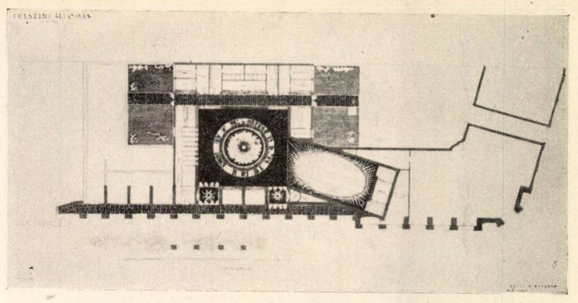 Budapest, M2 metró, Kossuth Lajos tér, Magyar Építőművészet, felszíni csarnok alaprajza