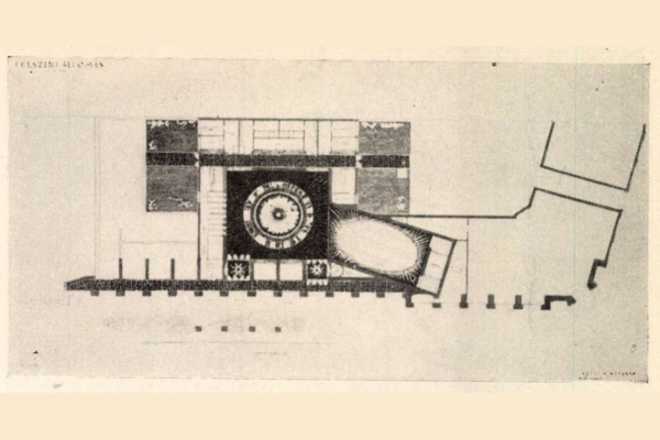 Budapest, M2 metró, Kossuth Lajos tér, Magyar Építőművészet, felszíni csarnok alaprajza, bélyegkép