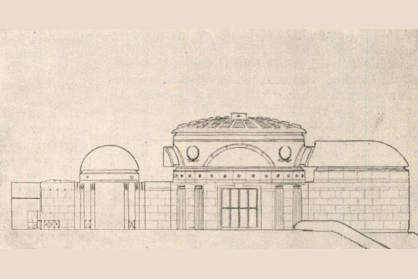 Budapest, M2 metró, Kossuth Lajos tér, Magyar Építőművészet, felszíni csarnok hosszmetszete, bélyegkép