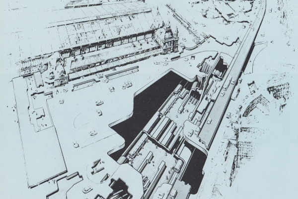 Budapest, M3 metró, Nyugati pályaudvar, perspektív kép, Sípőczy Lajos, bélyegkép
