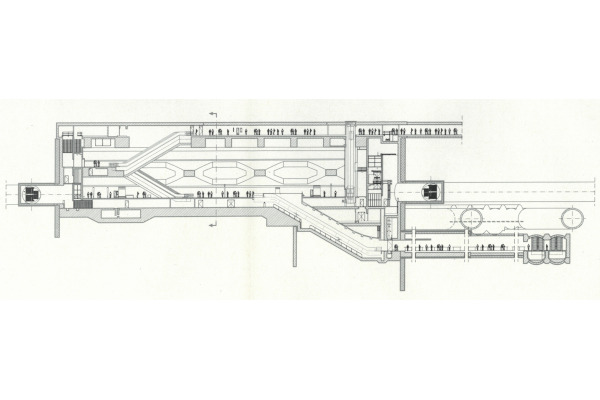 Budapest, M4 metró, Kálvin tér, keresztmetszet, hosszmetszet, bélyegkép
