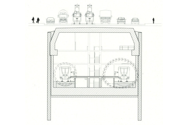 Budapest, M4 metró, Újbuda-központ, keresztmetszet, bélyegkép